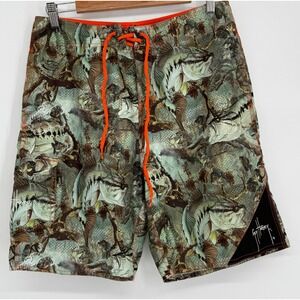 Guy Harvey by AFTCO Mens Bass Fish Print Board Shorts Green Orange Sz 30